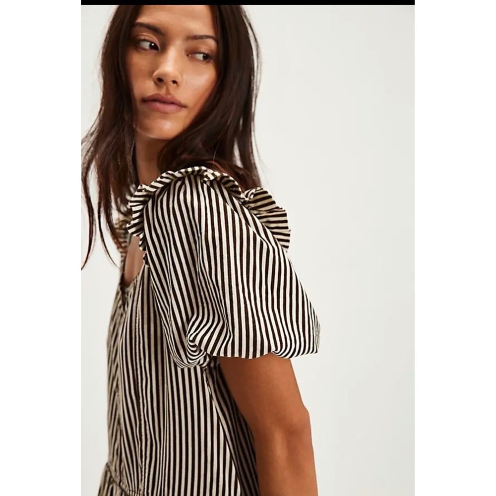 Free People Collier Cord Midi Dress Striped Drop Waist Puff Sleeve Bow Back - Picture 4 of 9